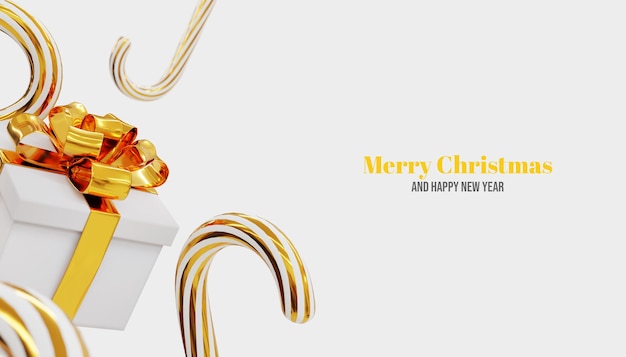 Fundo de banner 3d de feliz natal com caixa de presente dourada e doces
