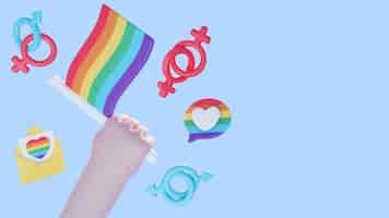PSD grátis fundo de orgulho 3d com a mão segurando a bandeira do arco-íris