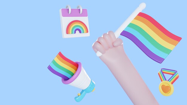 fundo de orgulho 3d com a mão segurando a bandeira do arco-íris