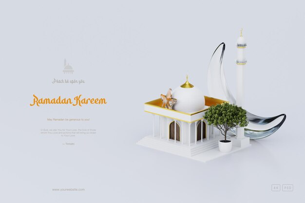 Fundo de saudação do Ramadã islâmico com mesquita 3D fofa e ornamentos do crescente islâmico