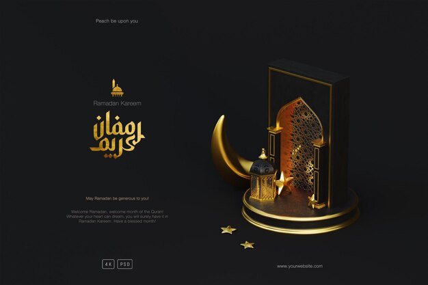 Fundo de saudações de Ramadan Kareem com lanterna crescente de pódio de mesquita 3D e ornamentos islâmicos