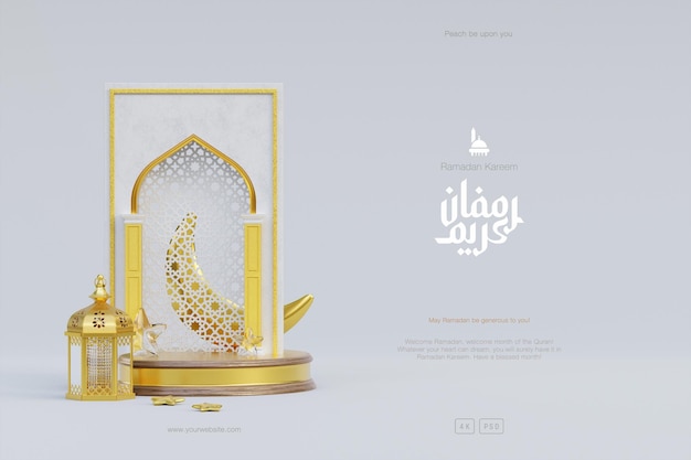 Fundo islâmico de saudação de Ramadan Kareem com pódio de lanterna de mesquita de ouro 3d e ornamentos crescentes