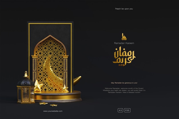 Fundo islâmico de saudação de ramadan kareem com pódio de lanterna de mesquita de ouro 3d e ornamentos crescentes