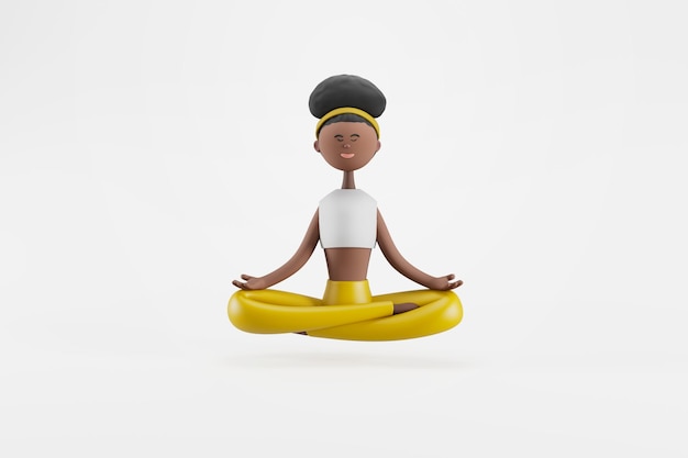 PSD grátis garota de ioga em posição de lótus em fundo isolado yoga esportivo e conceito de fitness ilustração 3d personagens de desenhos animados