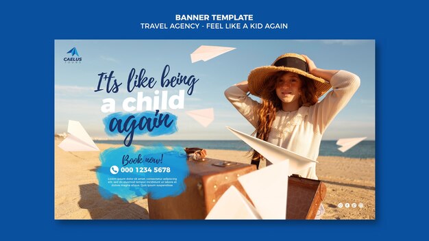 Garota de modelo de banner de agência de viagens usando chapéu