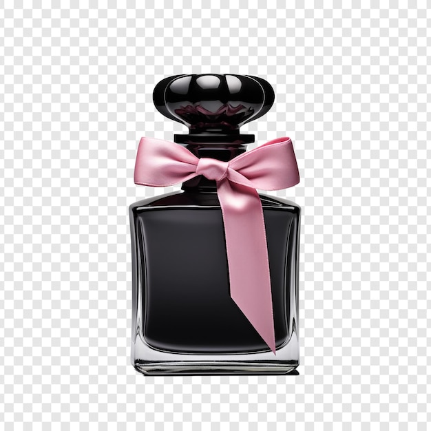 Garrafa de perfume de vidro preto e fita rosa isolada em fundo transparente