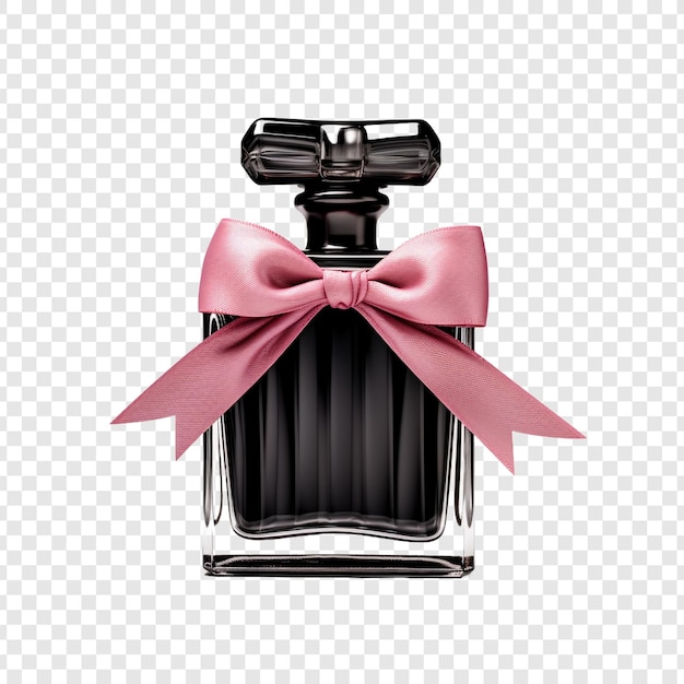 PSD grátis garrafa de perfume de vidro preto e fita rosa isolada em fundo transparente