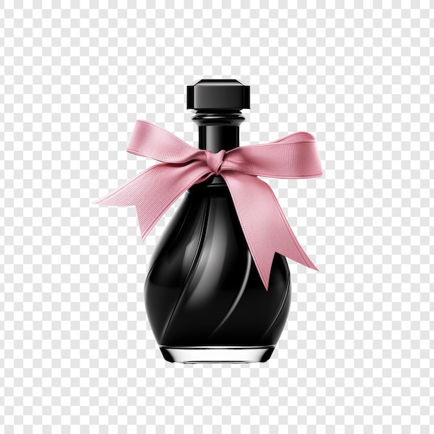 Garrafa de perfume de vidro preto e fita rosa isolada em fundo transparente