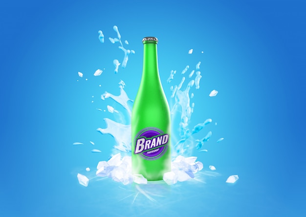 Garrafa de vidro congelado bebida splash maquete publicidade