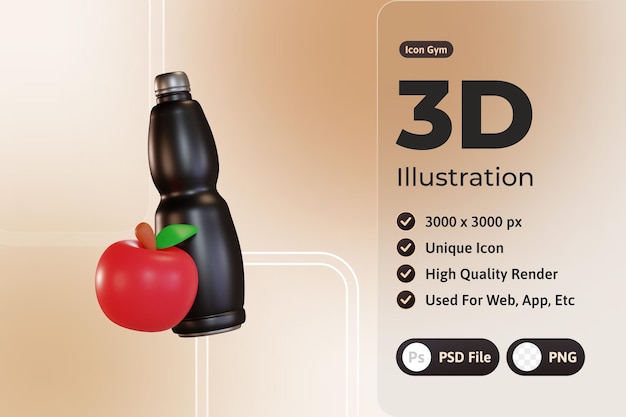 Ginásio de ícone 3d, garrafa de água e maçã