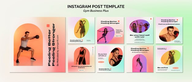 Ginásio pastel gradiente e coleção de postagens do instagram de fitness