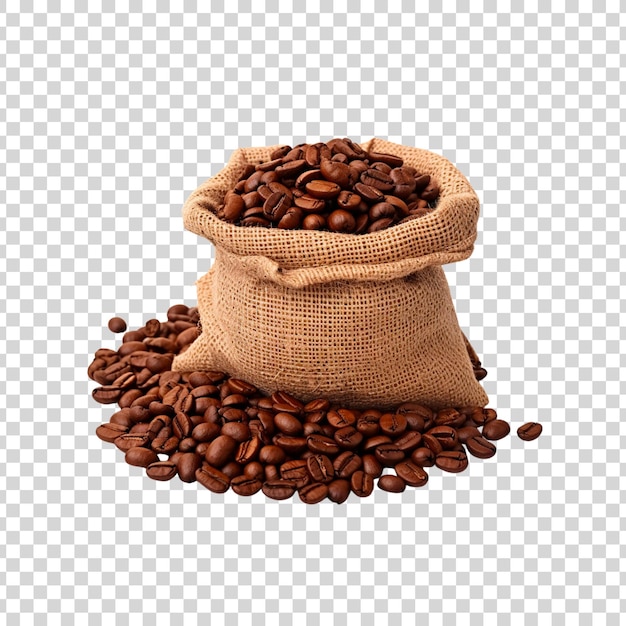 Grãos de café castanhos num saco ou saco de lã sobre um fundo branco