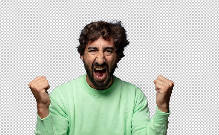 PSD grátis gritando agressivamente com uma expressão de raiva ou com os punhos cerrados celebrando o sucesso