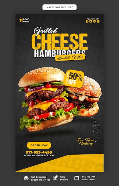 Hambúrguer delicioso e menu de comida modelo de história do instagram e facebook