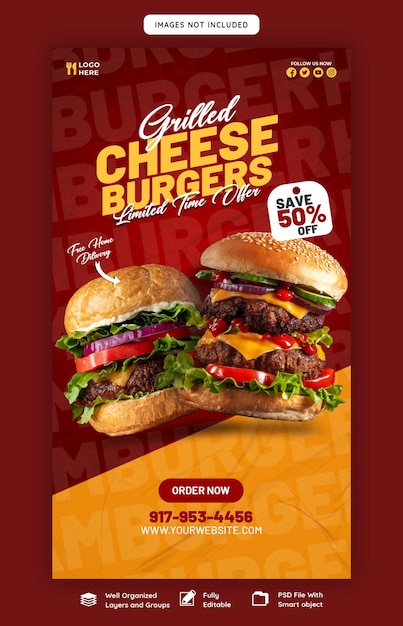 PSD grátis hambúrguer delicioso e menu de comida modelo de história do instagram e facebook