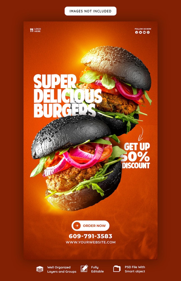 PSD grátis hambúrguer delicioso e menu de comida modelo de história do instagram e facebook