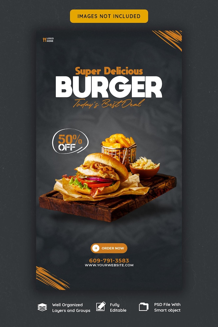 PSD grátis hambúrguer delicioso e menu de comida modelo de história do instagram e facebook