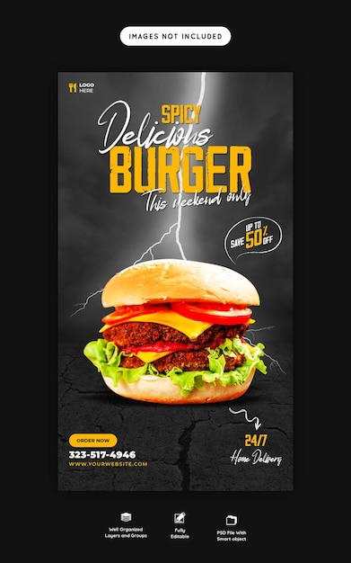 PSD grátis hambúrguer delicioso e menu de comida modelo de história no instagram e no facebook