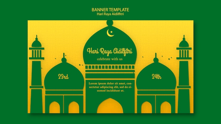 PSD grátis hari raya aidilfitri modelo de banner com ilustração