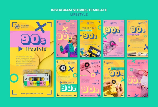 Histórias de instagram de festa de design plano dos anos 90