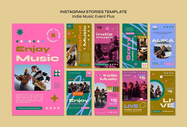 Histórias de instagram de música indie de design plano
