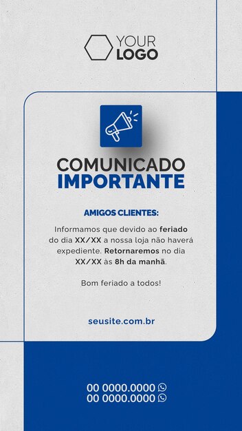 Histórias de mídia social anúncio de negócios importante fundo branco com azul