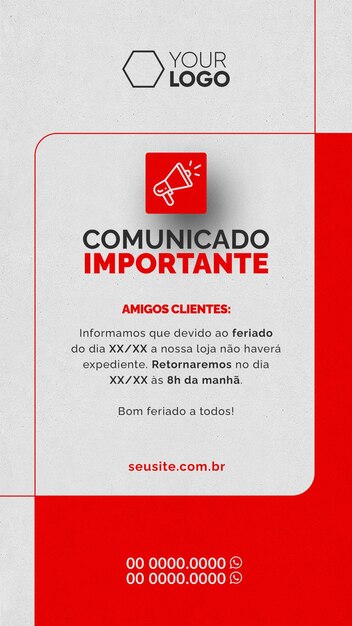 Histórias de mídia social anúncio de negócios importante fundo branco com vermelho