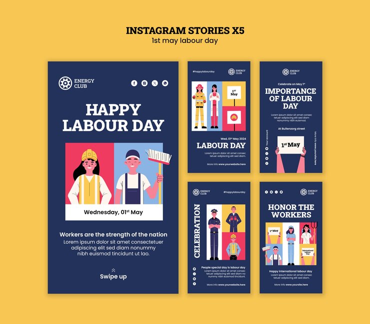 PSD grátis histórias do instagram da celebração do dia do trabalho
