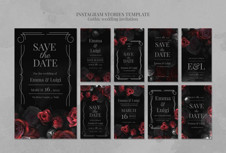PSD grátis histórias do instagram de convite de casamento gótico