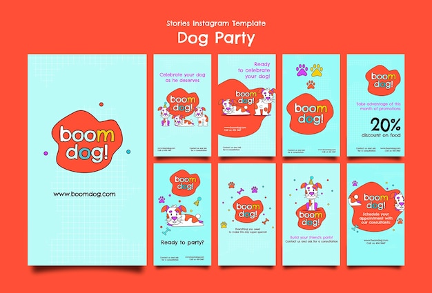 PSD grátis histórias do instagram de festa de cachorro de design plano