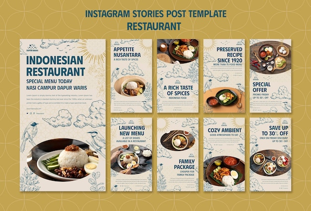 Histórias do instagram de restaurante desenhadas à mão