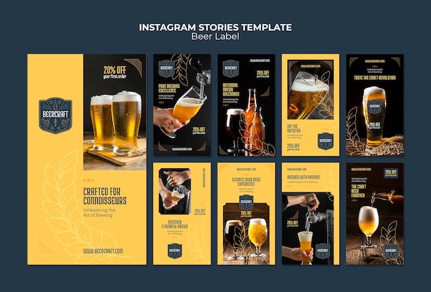 PSD grátis histórias do instagram de rótulos de cerveja de design plano