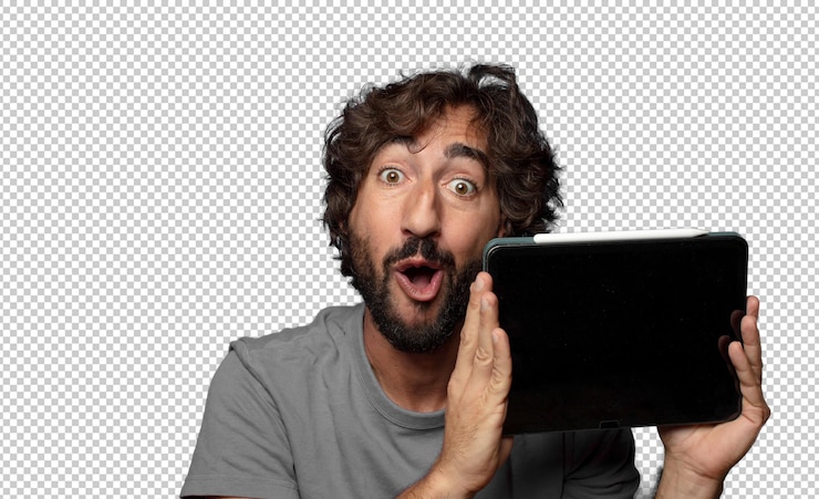 PSD grátis homem barbudo adulto jovem segurando um tablet com tela sensível ao toque