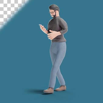 Homem moderno 3d andando com o telefone