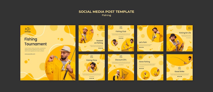 PSD grátis homem no post de mídia social de casaco de pesca amarelo
