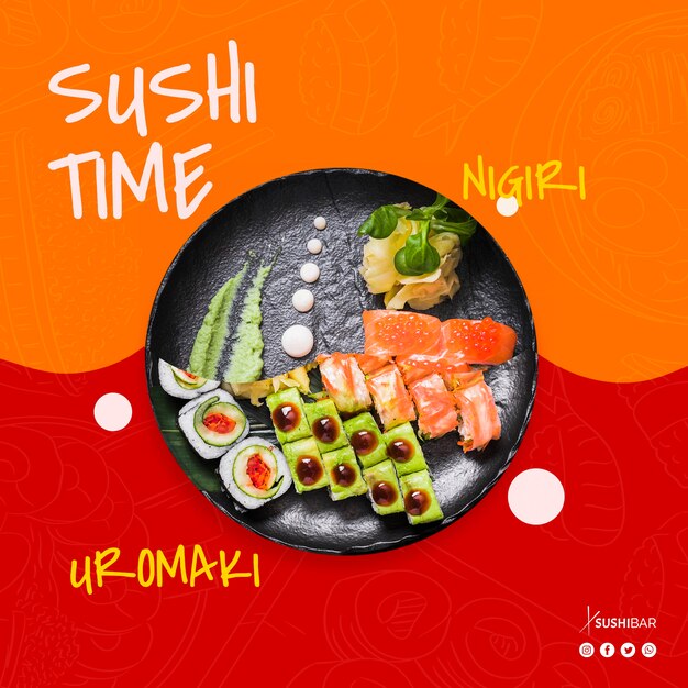 Hora do sushi com nigiri e uramaki receita com peixe cru para restaurante japonês asiático ou sushibar