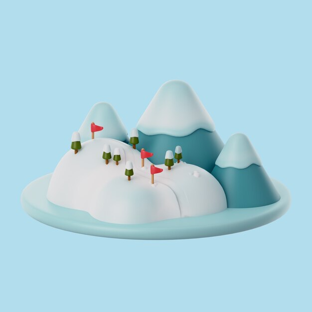 ícone de inverno 3D com montanhas e pista de esqui