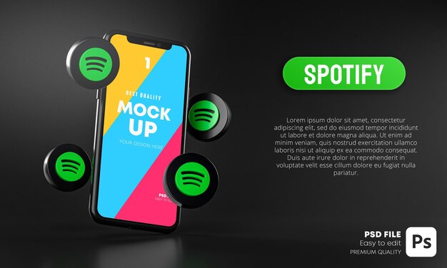 Ícones do spotify em torno do aplicativo mockup 3d para smartphone