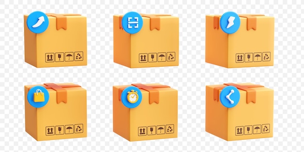 Icones interativos da caixa de entrega Conceito de embalagem de entrega Ilustração de fundo 3D