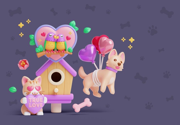 PSD grátis ilustração 3d com animais de estimação natureza morta