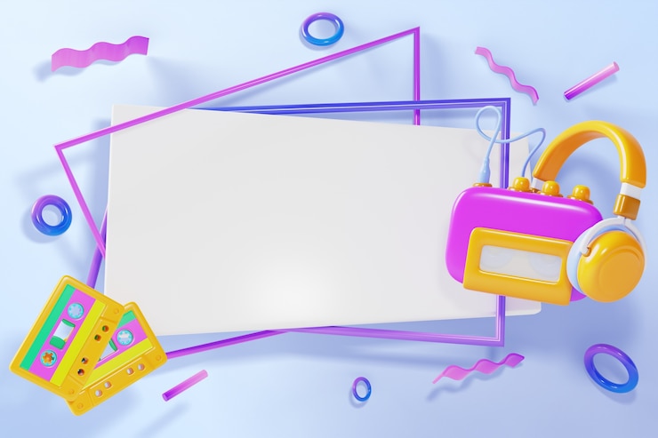 PSD grátis ilustração 3d com elementos dos anos 90 e banner em branco