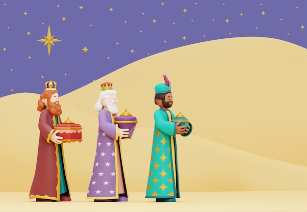 Ilustração 3d da celebração de três homens sábios