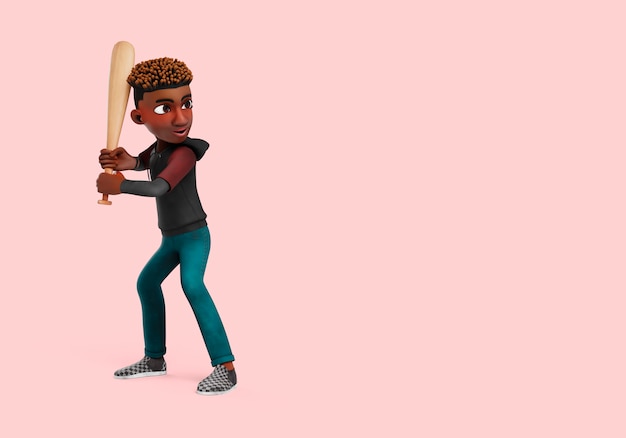 ilustração 3D da pose de personagem masculino segurando beisebol