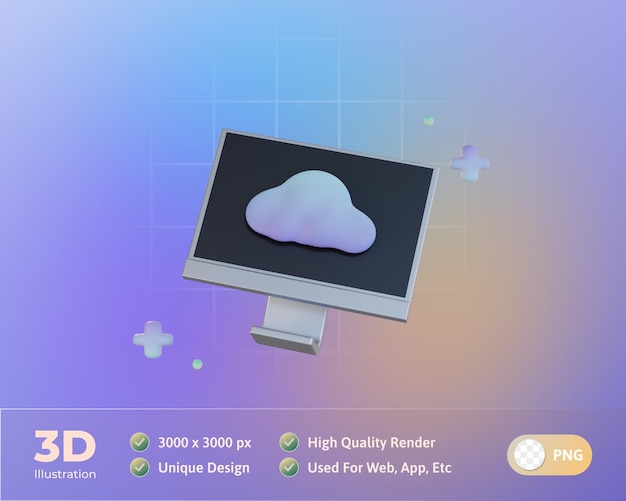 Ilustração 3d de computador de armazenamento em nuvem