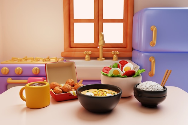 PSD grátis ilustração 3d de cozinha e comida