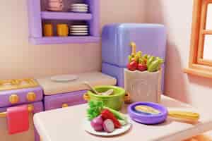 PSD grátis ilustração 3d de cozinha e comida