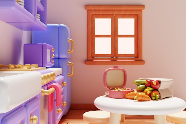 PSD grátis ilustração 3d de cozinha e comida