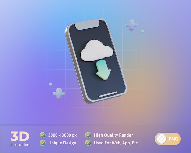 Ilustração 3d de download de telefone de armazenamento em nuvem
