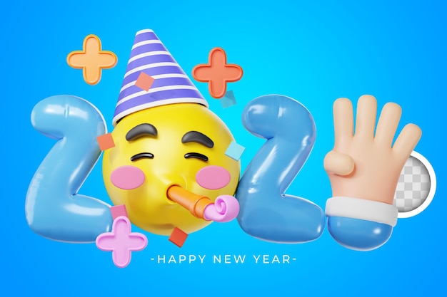 PSD grátis ilustração 3d de emoticon amarelo com ano novo