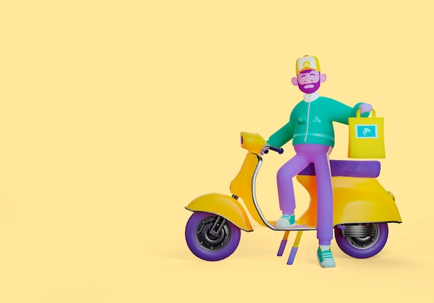 Ilustração 3d de entrega com homem na scooter segurando o saco